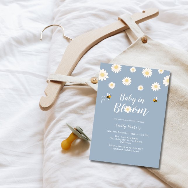 Invitación Bebé Boho Blue Daiser en ducha Bloom Boy (Simple Boho Blue Daisy Baby In Bloom Boy Shower Invitation)