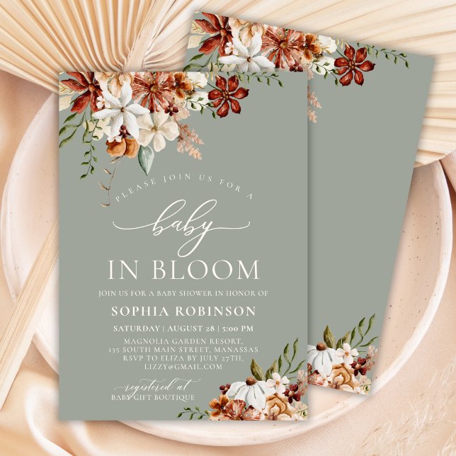 Invitación Bebé boho en el floreciente Baby Shower verde de f (Subido por el creador)