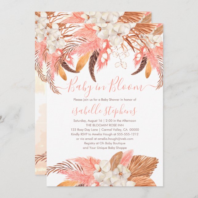 Invitación Bebé boho en el florete Pampas Rosa Baby Shower I (Anverso / Reverso)