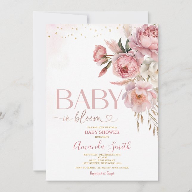 Invitación Bebé boho en flor de rosas rosadas Baby Shower (Anverso)