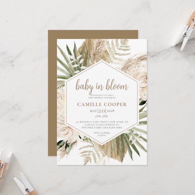 Invitación Bebé Boho en la hierba Bloom Pampas (Anverso/Reverso In Situ)