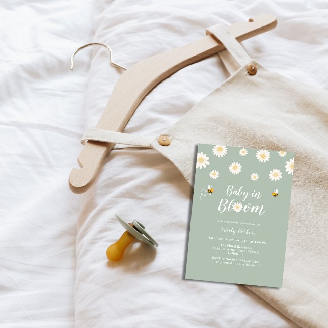 Invitación Bebé Boho Green Daiser En La Ducha De Bloom (Simple Boho Green Daisy Baby In Bloom Shower Invitation)