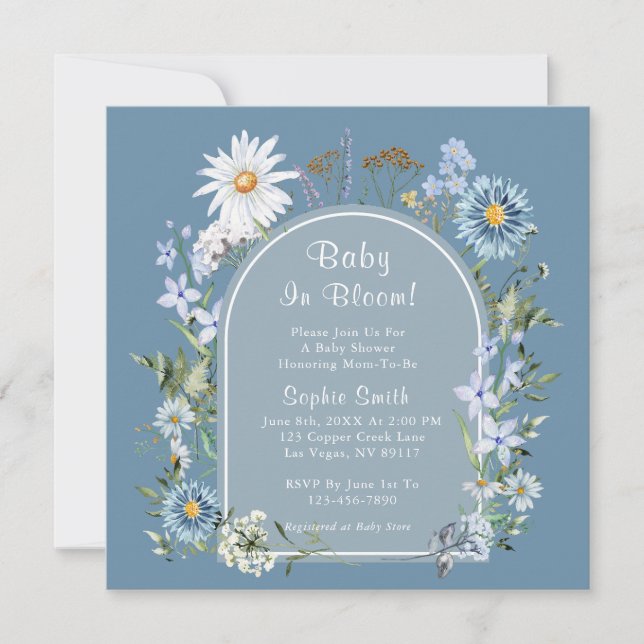Invitación Bebé Botánico Azul Dusto En Baby Shower En Bloom (Anverso)