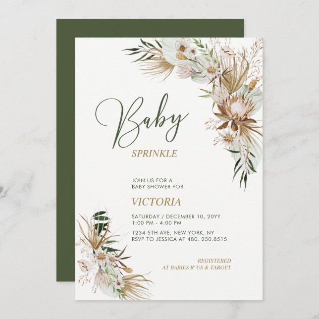 Invitación Bebé botánico Green & Gold Sprinkle (Anverso / Reverso)