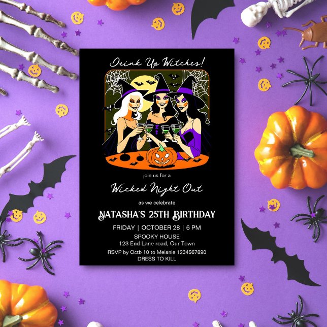Invitación Bebe brujas adulto fiesta de cumpleaños de Hallowe (Drink up witches Halloween birthday party template invitation digital download pretty witches wine)