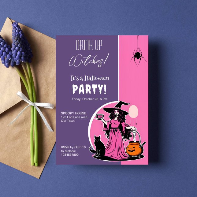 Invitación Bebe brujas en la fiesta de Halloween (Drink up witches Halloween party template invitation instant download groovy retro witch holding cup)
