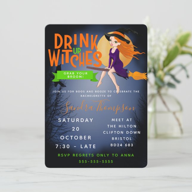 Invitación bebe brujas fiesta de soltera de halloween (Anverso de pie)