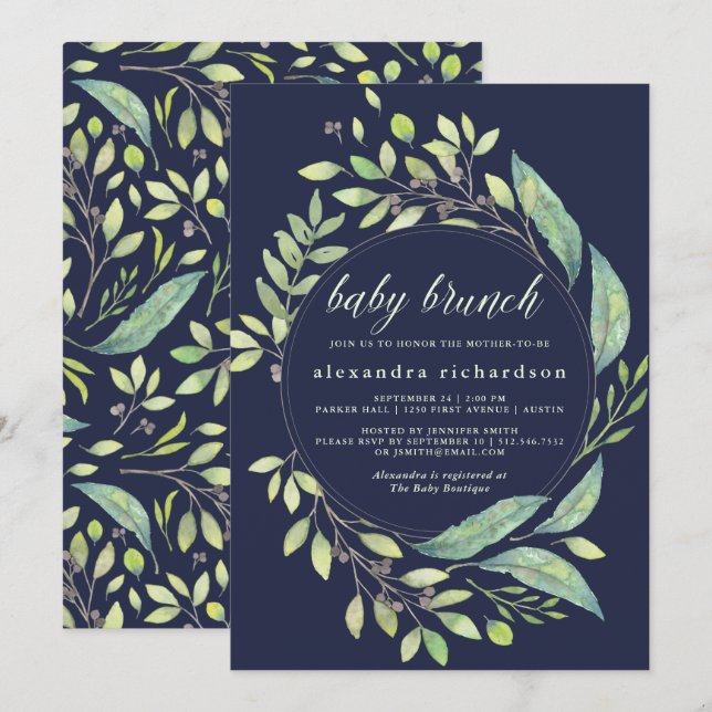 Invitación Bebé brunch azul oscuro de color verde azulado (Anverso / Reverso)