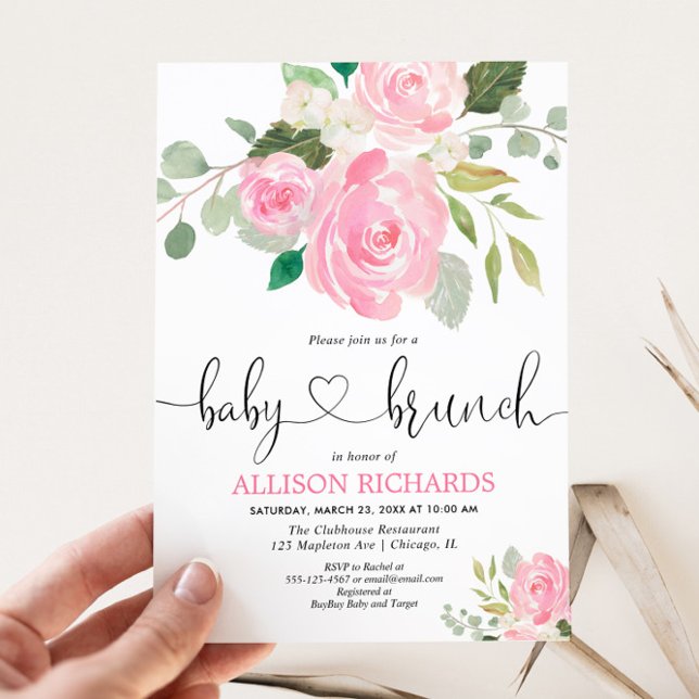 Invitación Bebé brunch chica ducha acuarela rosa floral (Subido por el creador)