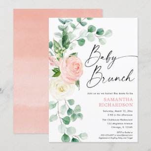 Invitación Bebé brunch color rosa verde flores chica ducha