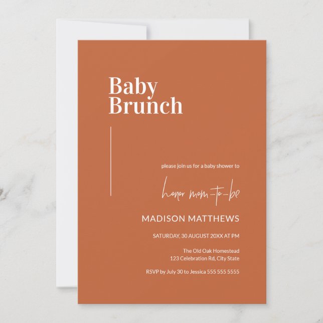 Invitación Bebé brunch Minimalista Naranja quemado Baby Showe (Anverso)