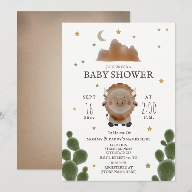 Invitación Bebé Búfalo Montaña Cactus Stars Baby Shower (Anverso / Reverso)