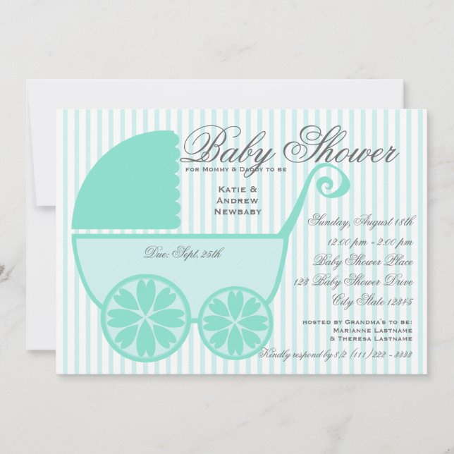 Invitación Bebé Carrito Ducha Turquesa y Gris (Anverso)