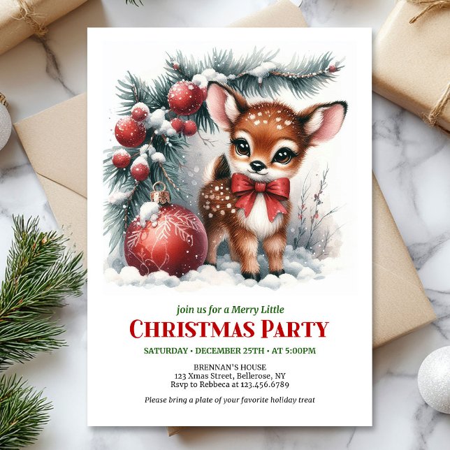 Invitación Bebé cervatillo escena invernal aquarela editable  (Snow baby fawn wintery scene watercolor editable invites)