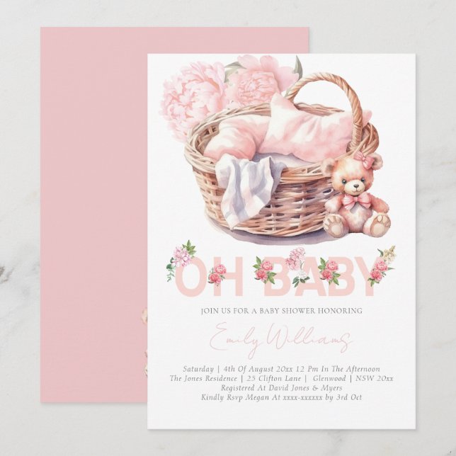 Invitación Bebé Cesta Floral Elegante Baby Shower (Anverso / Reverso)