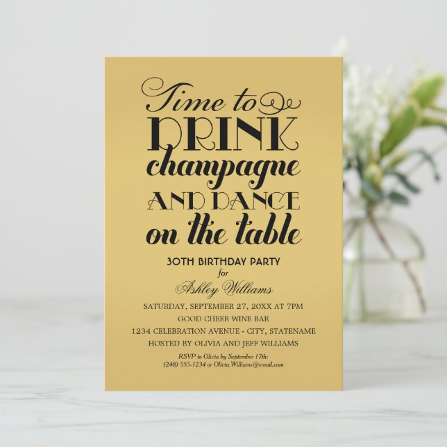 Invitación Bebe Champán Baila Cumpleaños Dorado (Anverso de pie)