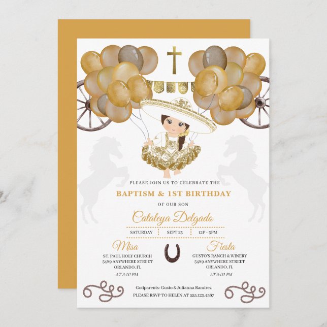 Invitación Bebé Charra Gold Globals Bautismo Mexicano (Anverso / Reverso)