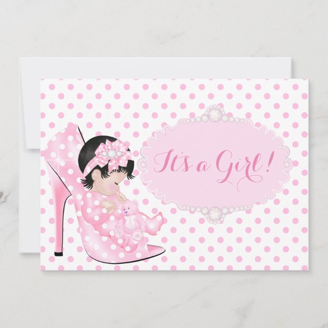 Invitación Bebé Chica Baby Shower Pink White Polka Dots C (Anverso)