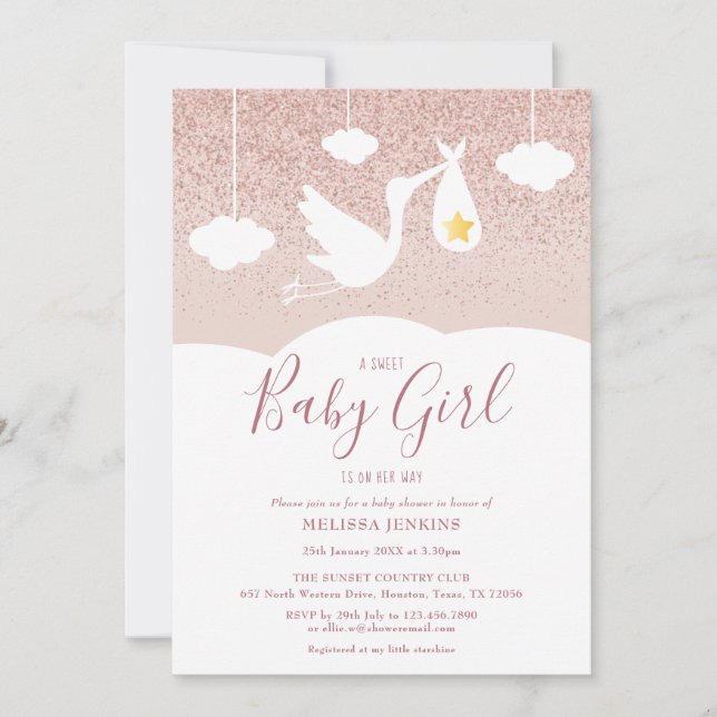 Invitación Bebé Chica Baby Shower Stork Rosa Purpurina de oro (Anverso)