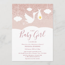 Invitación Bebé Chica Baby Shower Stork Rosa Purpurina de oro