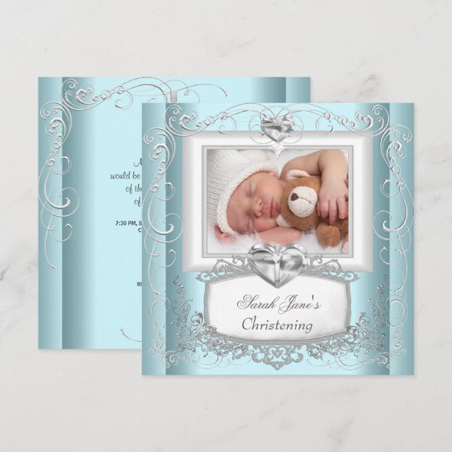 Invitación Bebé Chica Baptismo Azul Cruz Blanca (Anverso / Reverso)