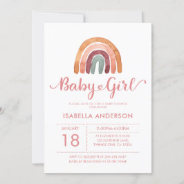 Invitación Bebé Chica Cuidada Acuarela Boho Arcoiris 