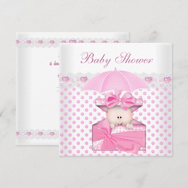 Invitación Bebé Chica de Baby Shower blanco Punto de Polka Ro (Anverso / Reverso)