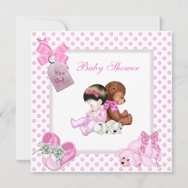 Invitación Bebé Chica de Baby Shower lindo zapato rosa blanco (Anverso)