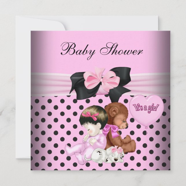 Invitación Bebé Chica de Baby Shower rosado con puntos de pol (Anverso)