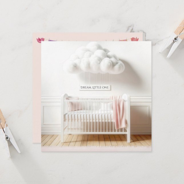 Invitación Bebé Chica ducha con cuna blanca y nube (Anverso/Reverso In Situ)