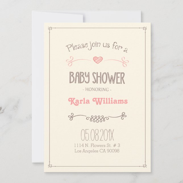 Invitación Bebé Chica Ducha Luz Marrón y Corazón Rosa (Anverso)