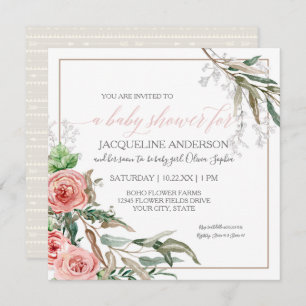 Invitación Bebé Chica Ducha Moderna BOHO Flores Acuarela