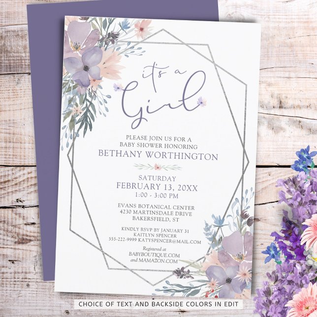 Invitación Bebé Chica Ducha Morado Floral ES Un CHICA (Subido por el creador)
