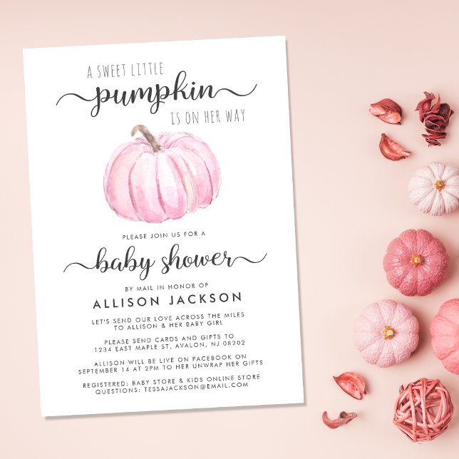 Invitación Bebé Chica Ducha Por Correo Calabaza Rosa (Celebrate the upcoming arrival of your sweet autumn baby with a pumpkin-themed baby shower by mail)