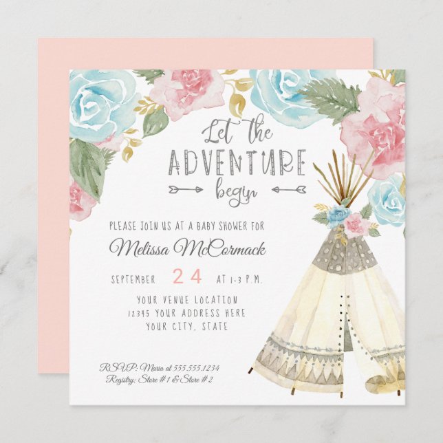 Invitación Bebé Chica ducha Teepee deja que empiece la aventu (Anverso / Reverso)