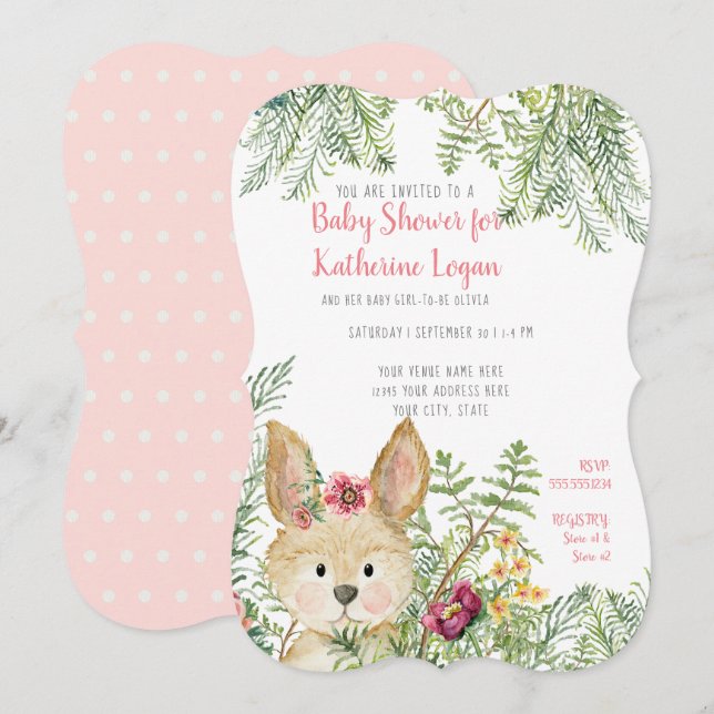 Invitación Bebé Chica Ducha Woodland Animal Rabbit Flor Art (Anverso / Reverso)