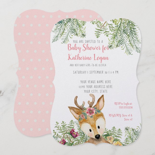 Invitación Bebé Chica ducha Woodland Animales Boho Deer Flora (Anverso / Reverso)