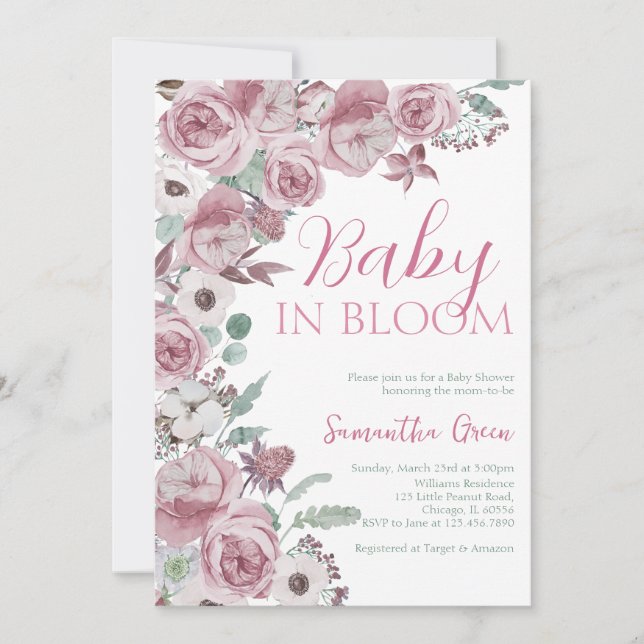 Invitación Bebé chica en Bloom Baby Shower (Anverso)