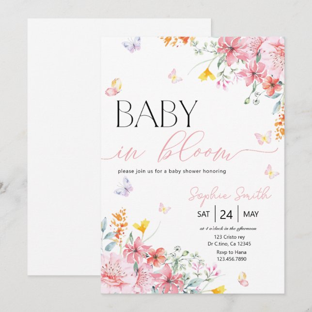 Invitación Bebé chica en la mariposa en Baby Shower (Anverso / Reverso)