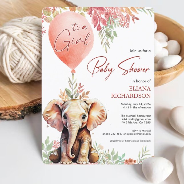 Invitación Bebé Chica globo rosa sonrojizo elefante bebé duch (Baby Girl blush pink balloon elephant baby shower Invitation)