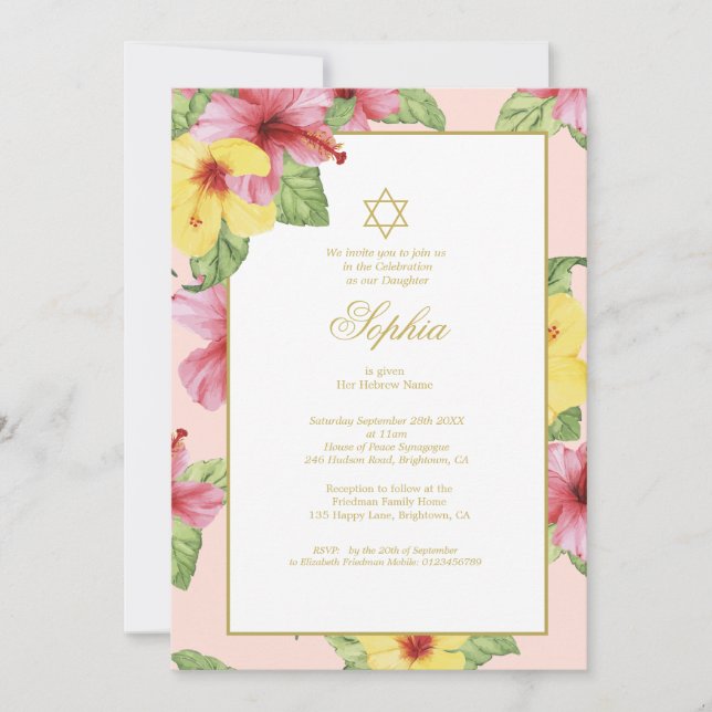 Invitación Bebé Chica judío nombra hibiscus floral rosa (Anverso)