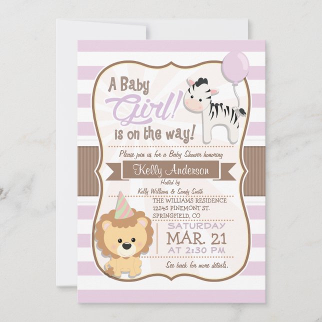 Invitación Bebé Chica León y Zebra Pastel Baby Shower púrpura (Anverso)