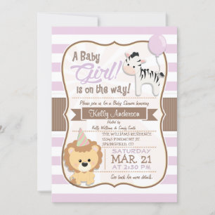 Invitación Bebé Chica León y Zebra Pastel Baby Shower púrpura
