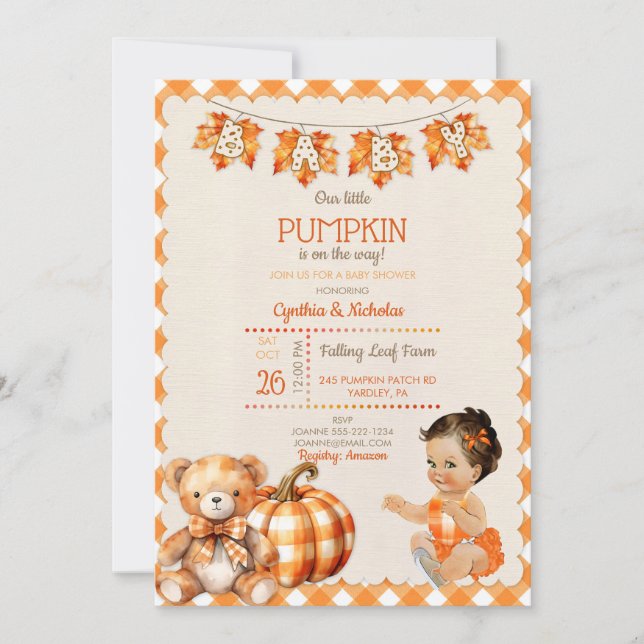 Invitación Bebé Chica Otoño Teddy Bear Saltos de calabaza (Anverso)