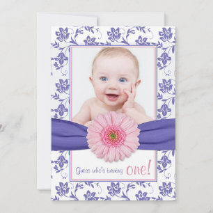 Invitación Bebé Chica Púrpura Rosa Daisy Foto Floral Cumpleañ