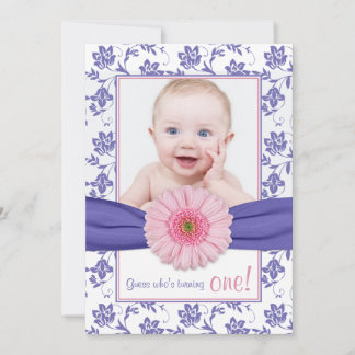 Invitación Bebé Chica Púrpura Rosa Daisy Foto Floral Cumpleañ