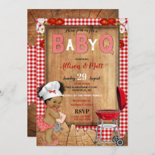 Invitación Bebé Chica Roja Gingham Flores Q Barbacoa