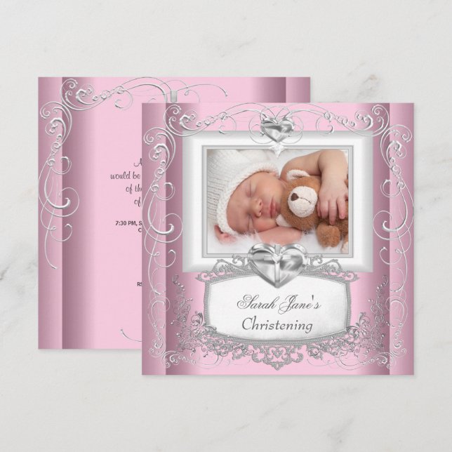 Invitación Bebé Chica Rosa Baptismo Cruz Blanca (Anverso / Reverso)