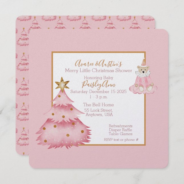 Invitación Bebé Chica Rosa Blanco Árbol de Navidad Shower (Anverso / Reverso)
