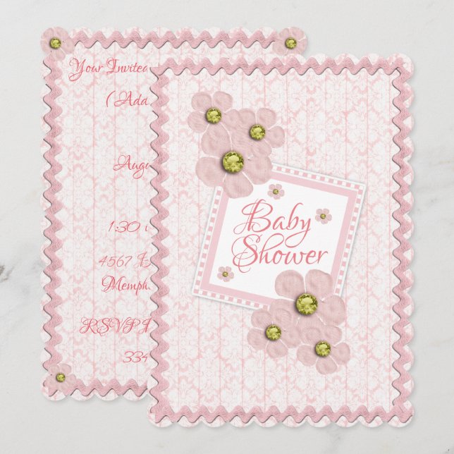 Invitación Bebé Chica Rosa Dámpara Floral Rick Rack Baby Show (Anverso / Reverso)